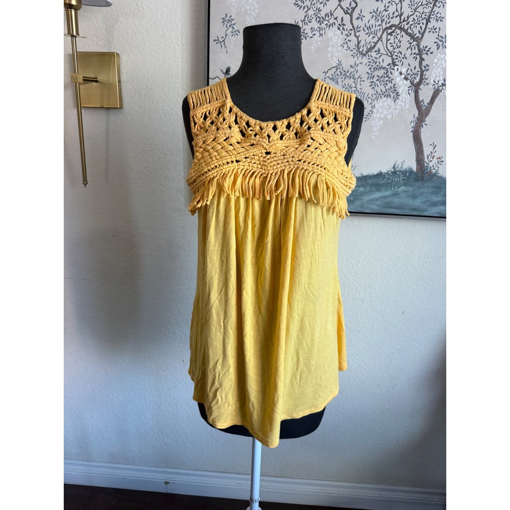 Retrology‎ Mustard Yellow Macrame Crochet Fringe Sleeveless Boho Top Small